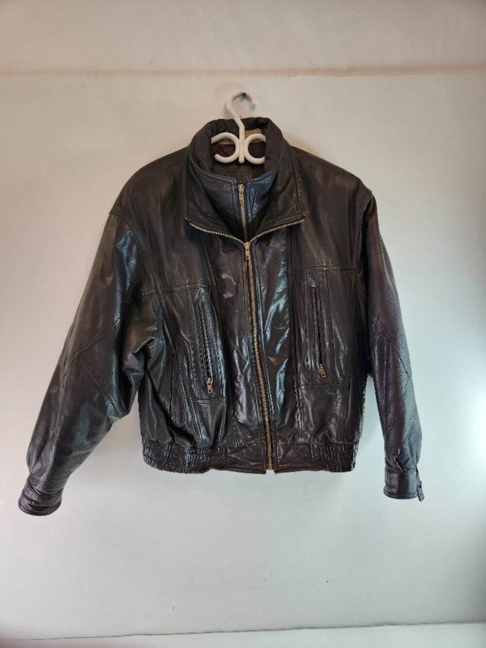 Vintage Saxony Double Zipper Mens Black Leather Jacket Size Large Bomber Moto